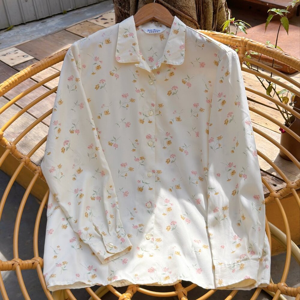 Cream Ditsy Floral Button Down Long Sleeve Cottagecore Blouse